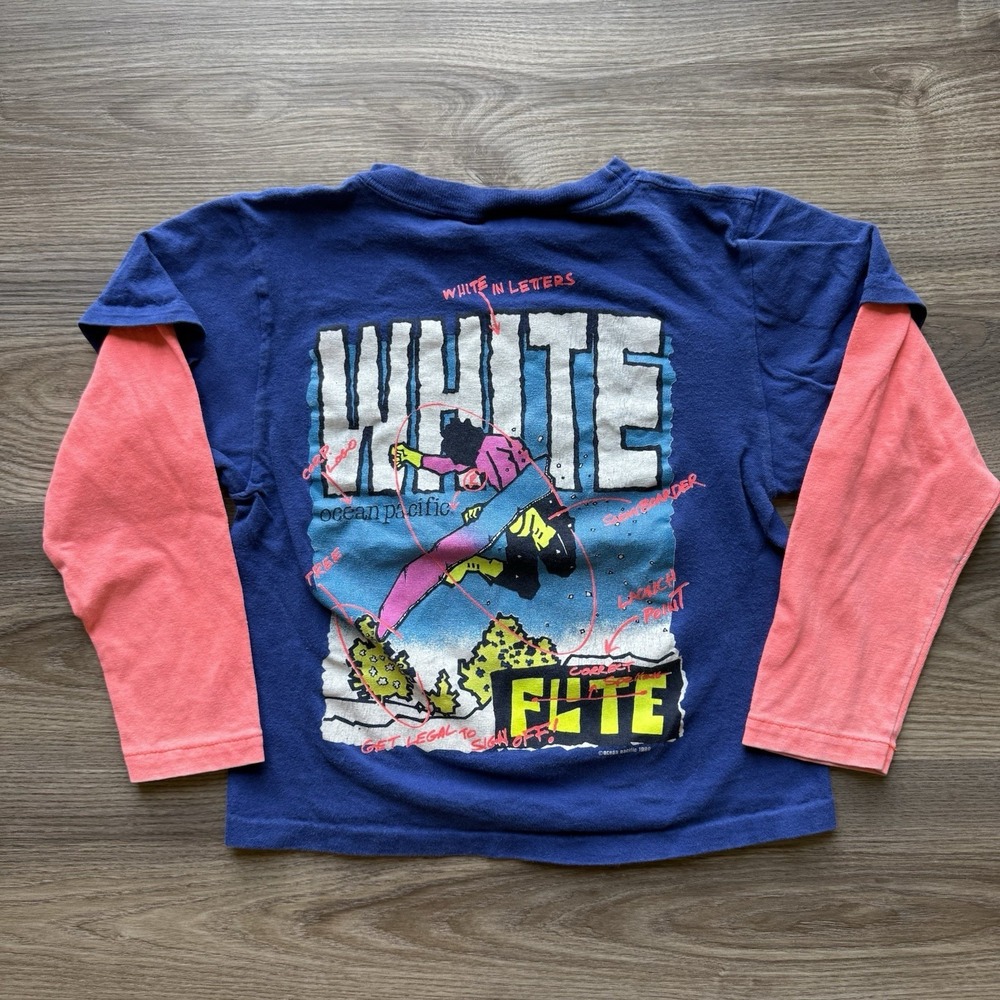 VTG 80s Ocean Pacific LS T-Shirt Size Youth L USA Snowboard OP White Flite